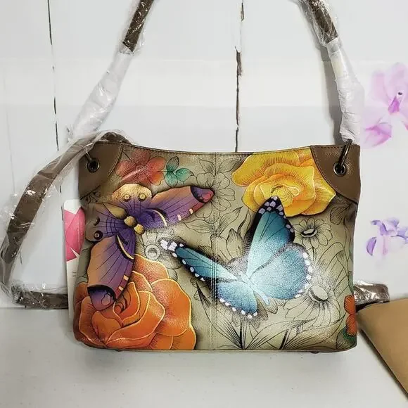 Anuschka Anna Butterfly Floral Paradise Hand Painted Leather Crossbody Bag